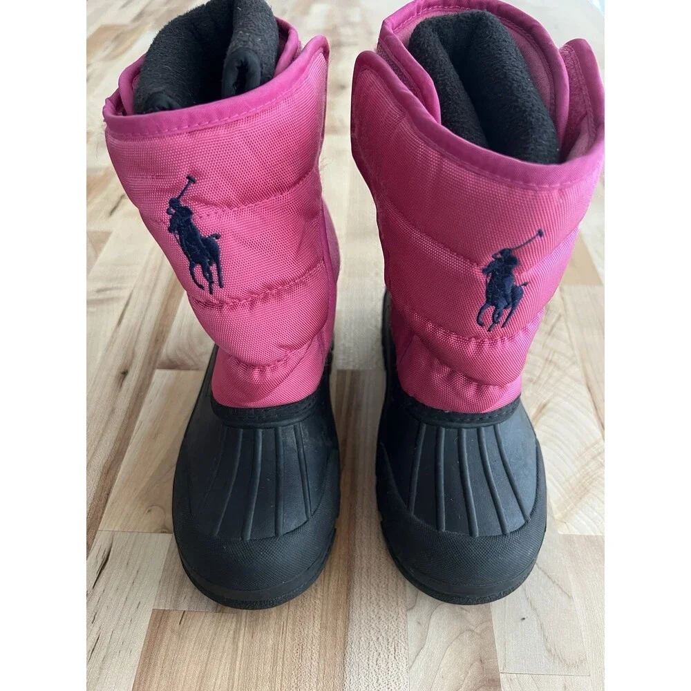 Polo Ralph Lauren Girl's Snow Boots Rubber Fleece Lined Crest Logo Pink Size 1